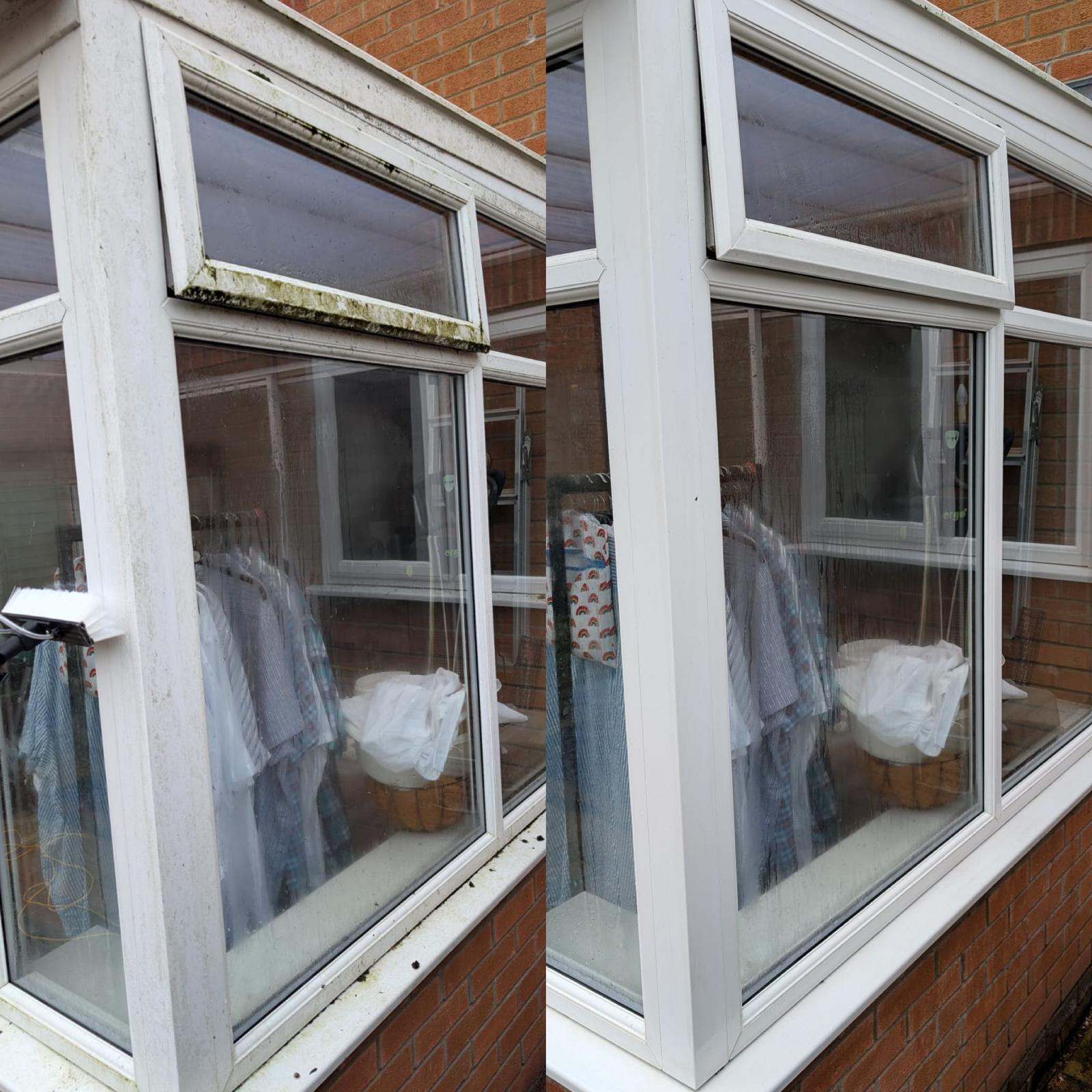 Before and after: a grimy white window frame on the left, the same frame cleaned on the right